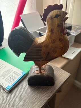 Hand-Carved Wooden Rooster Figurine - Yellow & Dark Green